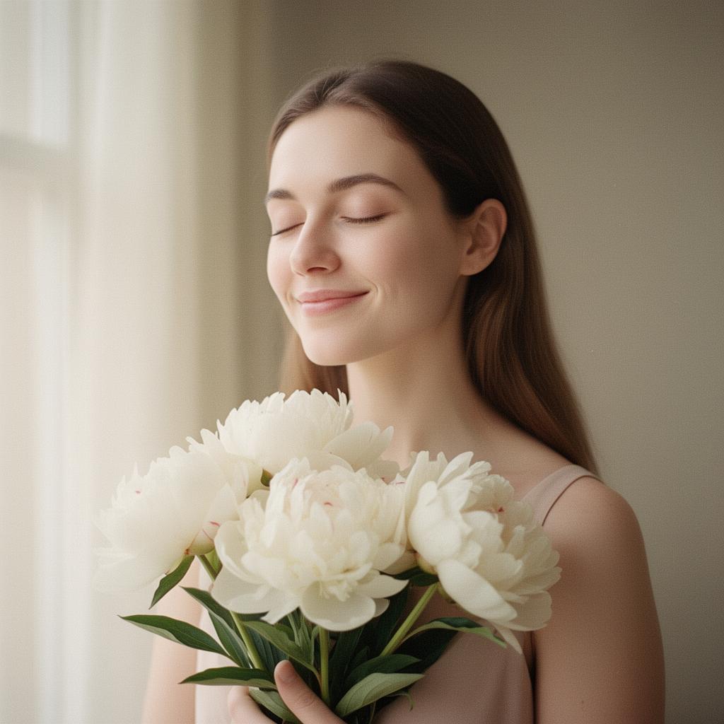 A serene woman with eyes closed holding white peonies — emotional, soft luxury portrait